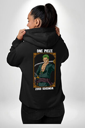 One Piece Anime Roronoa Zoro Erkek Kadın Siyah Ön Sırt Baskılı Kapüşonlu Sweatshirt Hoodie