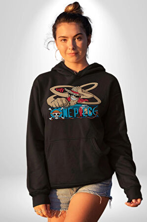 One Piece Luffy Anime Erkek Kadın Siyah Dijital Baskılı Kapüşonlu Sweatshirt Hoodie