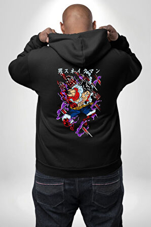 Luffy Gear 5 Anime Erkek Kadın Siyah Ön Sırt Baskılı Kapüşonlu Sweatshirt Hoodie