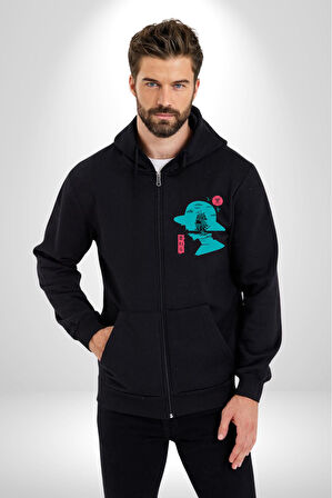 Luffy Korsan Gemisi Erkek Kadın Siyah Fermuarlı Baskılı Hırka Sweatshirt
