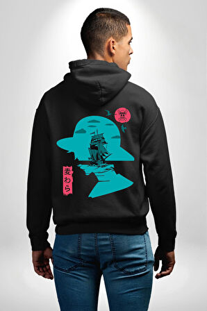 Luffy Korsan Gemisi Erkek Kadın Siyah Ön Sırt Baskılı Kapüşonlu Sweatshirt Hoodie