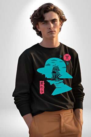 Luffy Korsan Gemisi Erkek Kadın Unisex Dijital Baskılı Siyah Sweatshirt