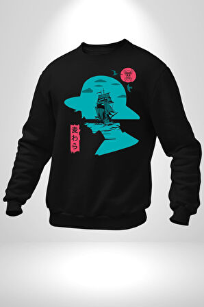 Luffy Korsan Gemisi Erkek Kadın Unisex Dijital Baskılı Siyah Sweatshirt