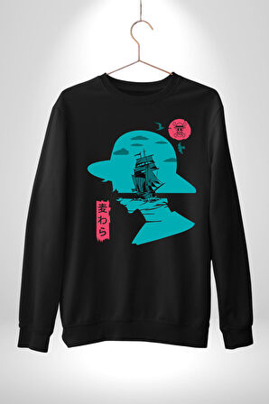 Luffy Korsan Gemisi Erkek Kadın Unisex Dijital Baskılı Siyah Sweatshirt