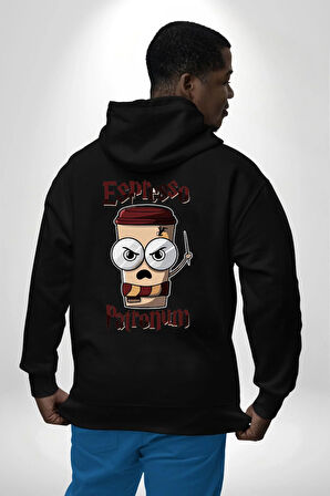 Espresso Patronum Kahve Temalı Tasarım Erkek Kadın Siyah Ön Sırt Baskılı Kapüşonlu Sweatshirt Hoodie