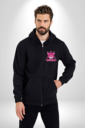 Neon Jungle Leopar Tasarım Erkek Kadın Siyah Fermuarlı Baskılı Hırka Sweatshirt