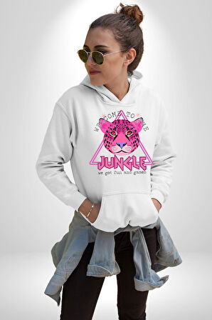 Neon Jungle Leopar Tasarım Erkek Kadın Beyaz Dijital Baskılı Kapüşonlu Sweatshirt Hoodie