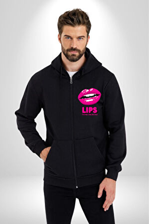 Lips Ruj Pembe Dudak Sınırsız Düşün Erkek Kadın Siyah Fermuarlı Baskılı Hırka Sweatshirt