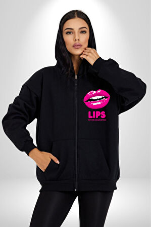 Lips Ruj Pembe Dudak Sınırsız Düşün Erkek Kadın Siyah Fermuarlı Baskılı Hırka Sweatshirt