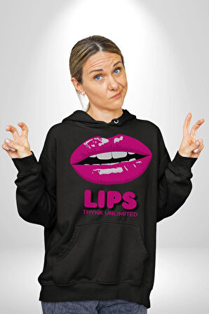 Lips Ruj Pembe Dudak Sınırsız Düşün Erkek Kadın Siyah Dijital Baskılı Kapüşonlu Sweatshirt Hoodie