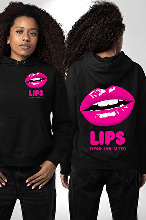Lips Ruj Pembe Dudak Sınırsız Düşün Erkek Kadın Siyah Ön Sırt Baskılı Kapüşonlu Sweatshirt Hoodie