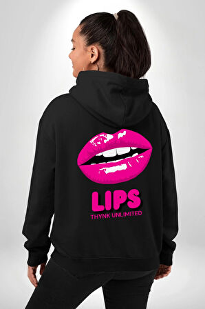 Lips Ruj Pembe Dudak Sınırsız Düşün Erkek Kadın Siyah Ön Sırt Baskılı Kapüşonlu Sweatshirt Hoodie