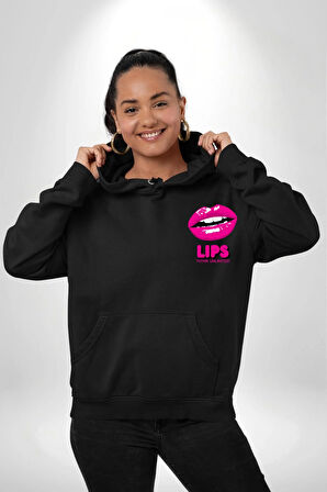 Lips Ruj Pembe Dudak Sınırsız Düşün Erkek Kadın Siyah Ön Sırt Baskılı Kapüşonlu Sweatshirt Hoodie