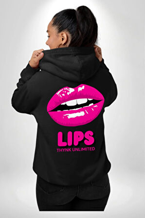 Lips Ruj Pembe Dudak Sınırsız Düşün Erkek Kadın Siyah Ön Sırt Baskılı Kapüşonlu Sweatshirt Hoodie
