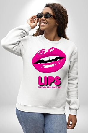 Lips Ruj Pembe Dudak Sınırsız Düşün Erkek Kadın Unisex Dijital Baskılı Beyaz Sweatshirt