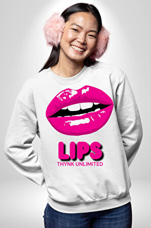 Lips Ruj Pembe Dudak Sınırsız Düşün Erkek Kadın Unisex Dijital Baskılı Beyaz Sweatshirt