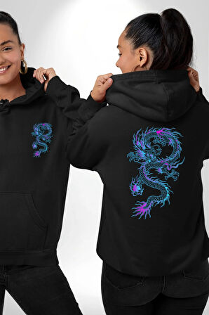Çin Sitili Ejderha Bereket Tanrısı Erkek Kadın Siyah Ön Sırt Baskılı Kapüşonlu Sweatshirt Hoodie