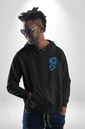 Çin Sitili Ejderha Bereket Tanrısı Erkek Kadın Siyah Ön Sırt Baskılı Kapüşonlu Sweatshirt Hoodie