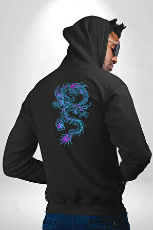 Çin Sitili Ejderha Bereket Tanrısı Erkek Kadın Siyah Ön Sırt Baskılı Kapüşonlu Sweatshirt Hoodie