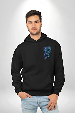 Çin Sitili Ejderha Bereket Tanrısı Erkek Kadın Siyah Ön Sırt Baskılı Kapüşonlu Sweatshirt Hoodie