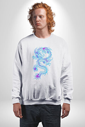 Çin Sitili Ejderha Bereket Tanrısı Erkek Kadın Unisex Dijital Baskılı Beyaz Sweatshirt