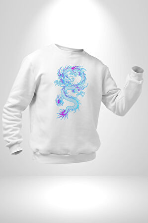 Çin Sitili Ejderha Bereket Tanrısı Erkek Kadın Unisex Dijital Baskılı Beyaz Sweatshirt