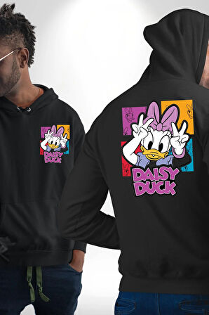 Daisy Duck Eğlenceli Tasarım Erkek Kadın Siyah Ön Sırt Baskılı Kapüşonlu Sweatshirt Hoodie
