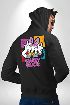 Daisy Duck Eğlenceli Tasarım Erkek Kadın Siyah Ön Sırt Baskılı Kapüşonlu Sweatshirt Hoodie