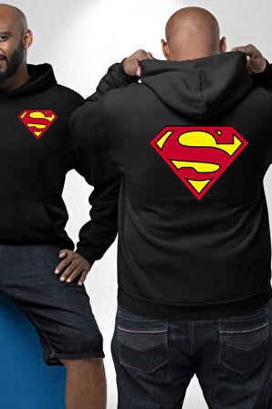Superman Logo Erkek Kadın Siyah Ön Sırt Baskılı Kapüşonlu Sweatshirt Hoodie