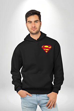 Superman Logo Erkek Kadın Siyah Ön Sırt Baskılı Kapüşonlu Sweatshirt Hoodie