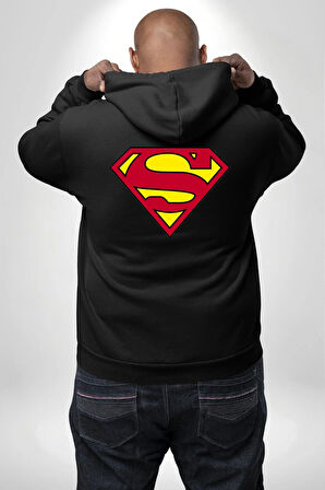 Superman Logo Erkek Kadın Siyah Ön Sırt Baskılı Kapüşonlu Sweatshirt Hoodie
