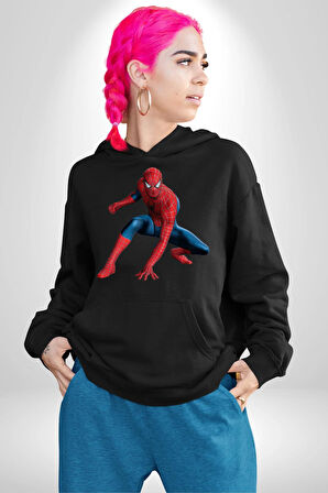 Spiderman Kahraman Erkek Kadın Siyah Dijital Baskılı Kapüşonlu Sweatshirt Hoodie