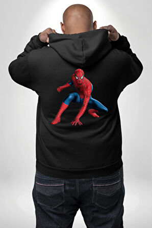 Spiderman Kahraman Erkek Kadın Siyah Ön Sırt Baskılı Kapüşonlu Sweatshirt Hoodie