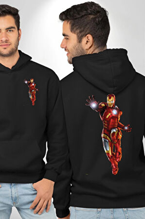 İron Man Demir Adam Erkek Kadın Siyah Ön Sırt Baskılı Kapüşonlu Sweatshirt Hoodie