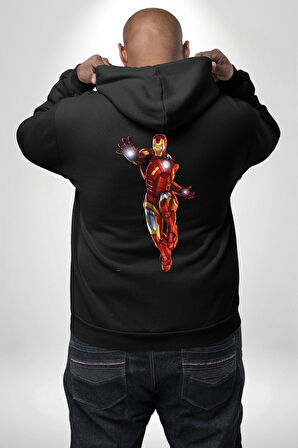 İron Man Demir Adam Erkek Kadın Siyah Ön Sırt Baskılı Kapüşonlu Sweatshirt Hoodie