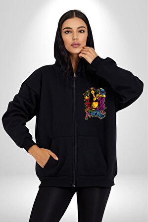 Kayakcı Kız  Erkek Kadın Siyah Fermuarlı Baskılı Hırka Sweatshirt
