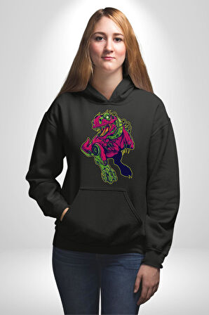 CyberRex Neon ve Futuristik Dinozor Grafik
 Erkek Kadın Siyah Dijital Baskılı Kapüşonlu Sweatshirt Hoodie