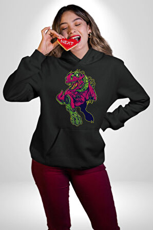CyberRex Neon ve Futuristik Dinozor Grafik
 Erkek Kadın Siyah Dijital Baskılı Kapüşonlu Sweatshirt Hoodie