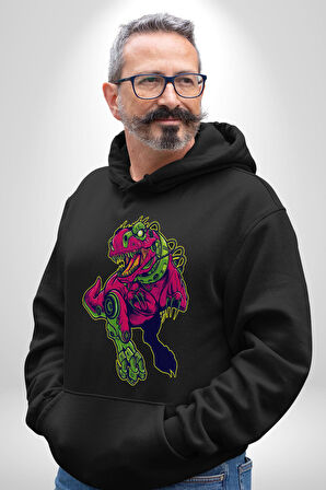 CyberRex Neon ve Futuristik Dinozor Grafik
 Erkek Kadın Siyah Dijital Baskılı Kapüşonlu Sweatshirt Hoodie