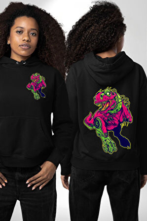 CyberRex Neon ve Futuristik Dinozor Grafik
 Erkek Kadın Siyah Ön Sırt Baskılı Kapüşonlu Sweatshirt Hoodie
