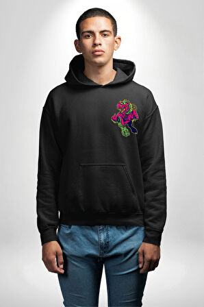 CyberRex Neon ve Futuristik Dinozor Grafik
 Erkek Kadın Siyah Ön Sırt Baskılı Kapüşonlu Sweatshirt Hoodie