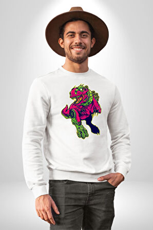 CyberRex Neon ve Futuristik Dinozor Grafik
 Erkek Kadın Unisex Dijital Baskılı Beyaz Sweatshirt