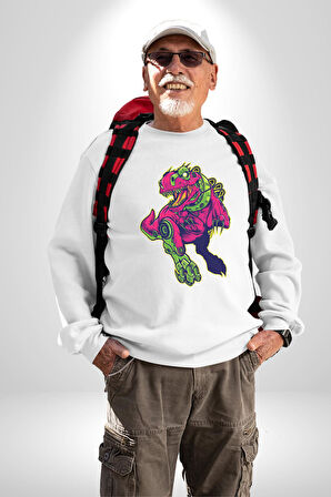CyberRex Neon ve Futuristik Dinozor Grafik
 Erkek Kadın Unisex Dijital Baskılı Beyaz Sweatshirt