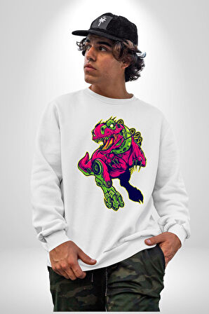 CyberRex Neon ve Futuristik Dinozor Grafik
 Erkek Kadın Unisex Dijital Baskılı Beyaz Sweatshirt