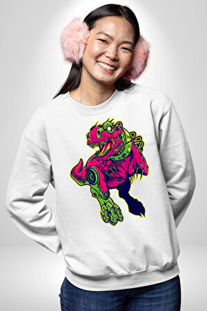 CyberRex Neon ve Futuristik Dinozor Grafik
 Erkek Kadın Unisex Dijital Baskılı Beyaz Sweatshirt
