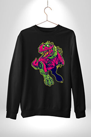 CyberRex Neon ve Futuristik Dinozor Grafik
 Erkek Kadın Unisex Dijital Baskılı Siyah Sweatshirt