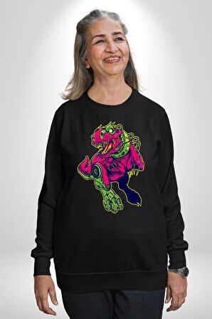 CyberRex Neon ve Futuristik Dinozor Grafik
 Erkek Kadın Unisex Dijital Baskılı Siyah Sweatshirt