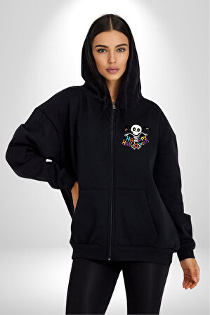 Halloween Skeleton Eğlenceli Cadılar Bayramı Erkek Kadın Siyah Fermuarlı Baskılı Hırka Sweatshirt