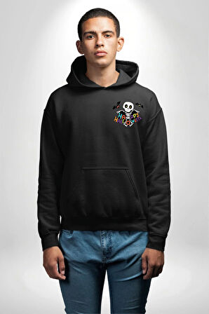 Halloween Skeleton Eğlenceli Cadılar Bayramı Erkek Kadın Siyah Ön Sırt Baskılı Kapüşonlu Sweatshirt Hoodie