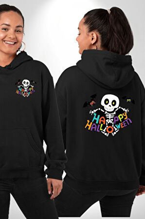 Halloween Skeleton Eğlenceli Cadılar Bayramı Erkek Kadın Siyah Ön Sırt Baskılı Kapüşonlu Sweatshirt Hoodie